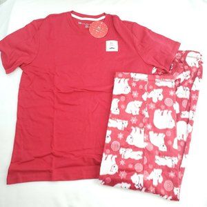 Karen Neuburger Mens Red White Short Sleeve T Shirt And Fleece Pajama Set Size M